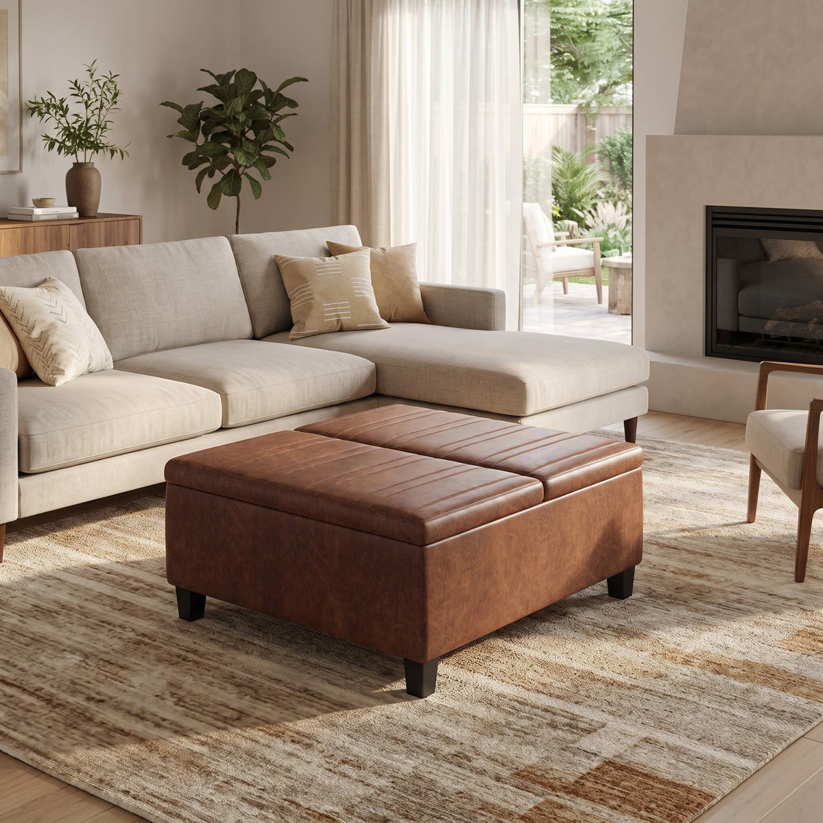 Distressed Saddle Brown Distressed Vegan Leather | Ellis Table Ottoman in Distressed Vegan Leather