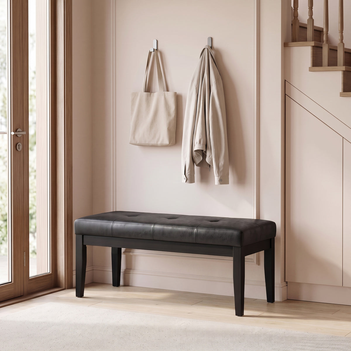 Distressed Black Distressed Vegan Leather | Lacey Tufted Ottoman Bench