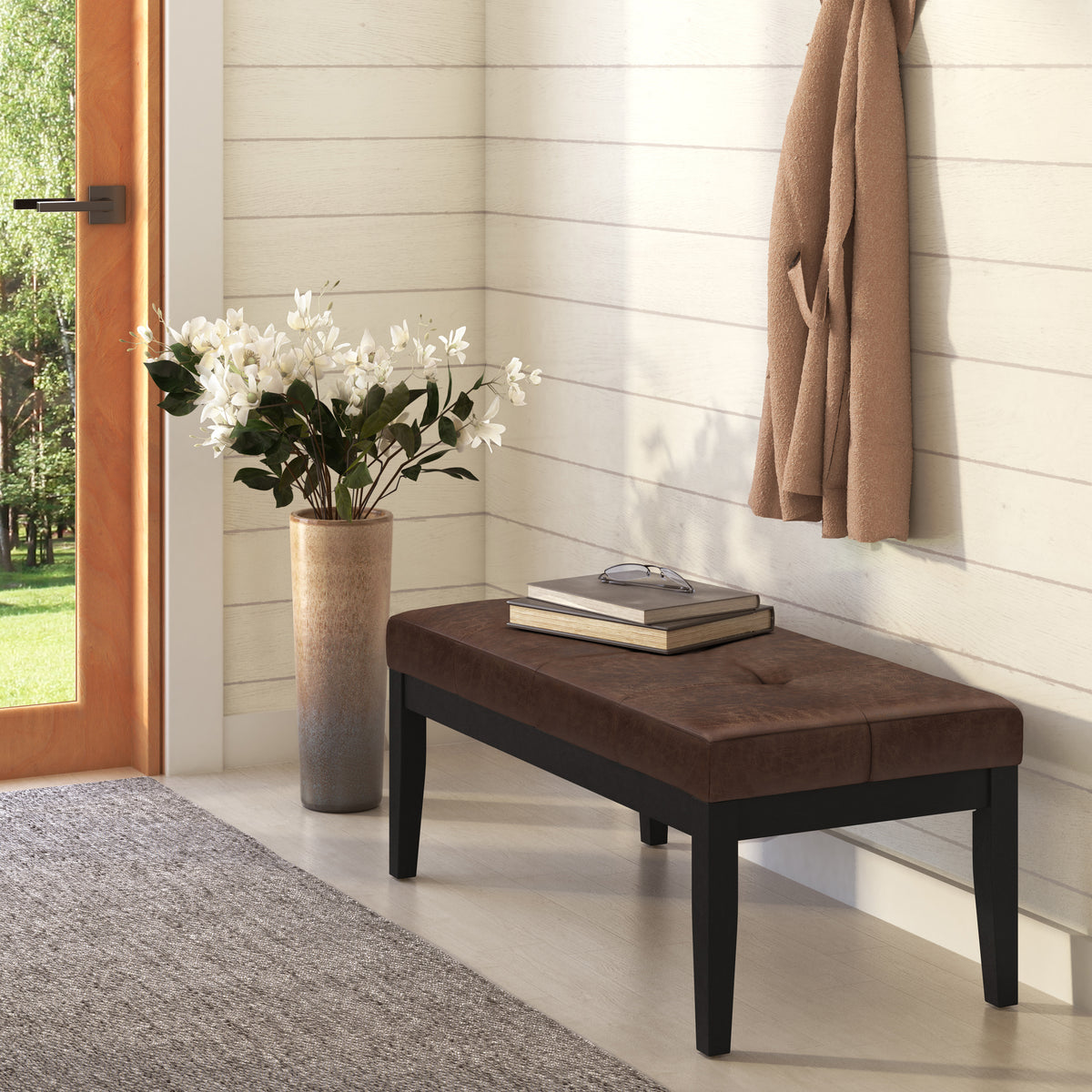 Distressed Chestnut Brown Distressed Vegan Leather | Lacey Tufted Ottoman Bench