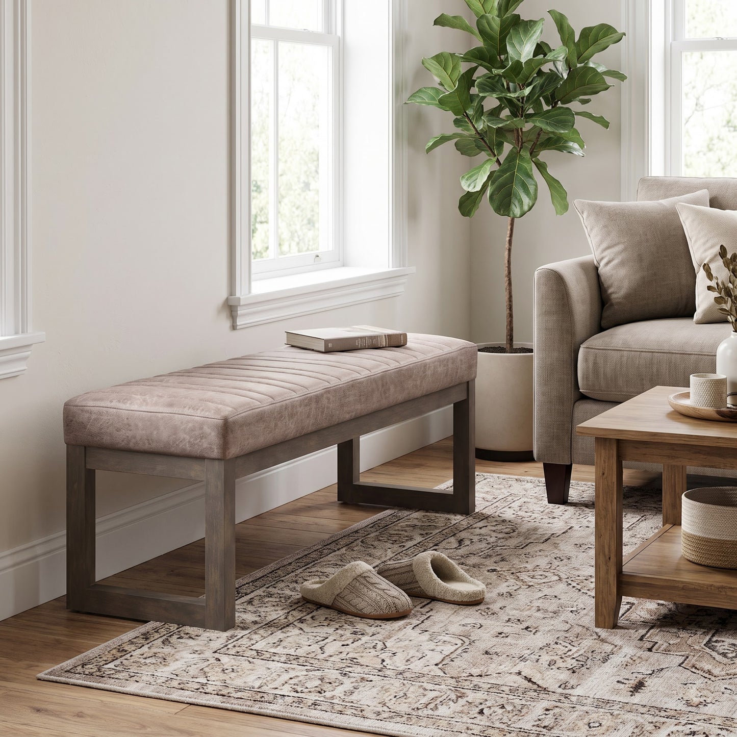 Distressed Grey Taupe Distressed Vegan Leather | Casey Ottoman Bench