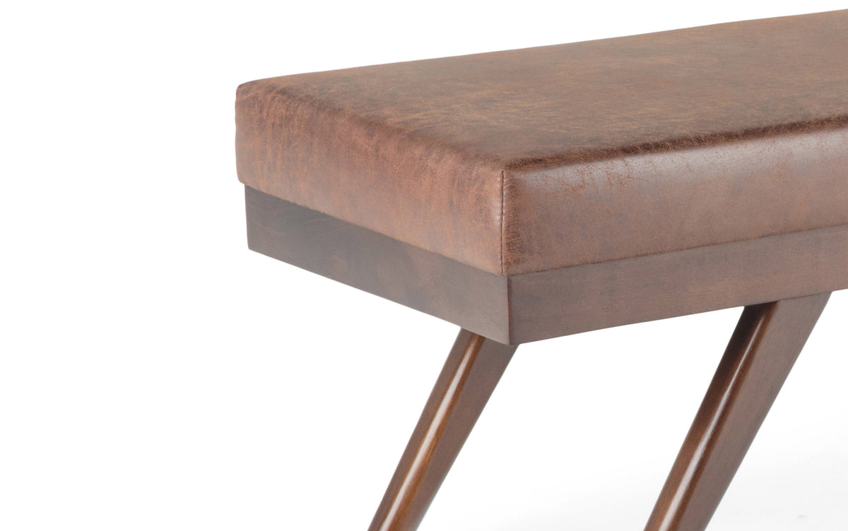 Distressed Saddle Brown Distressed Vegan Leather | Chanelle Mid Century Ottoman Bench