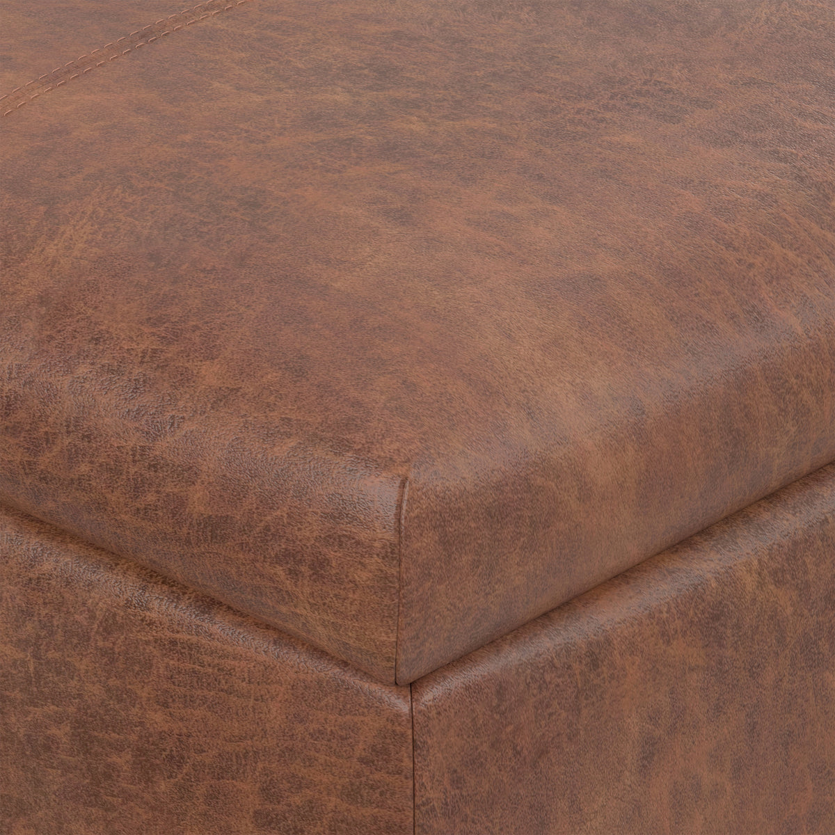 Distressed Saddle Brown Vegan Leather | Gabbie Rectangular Storage Ottoman in Vegan Leather