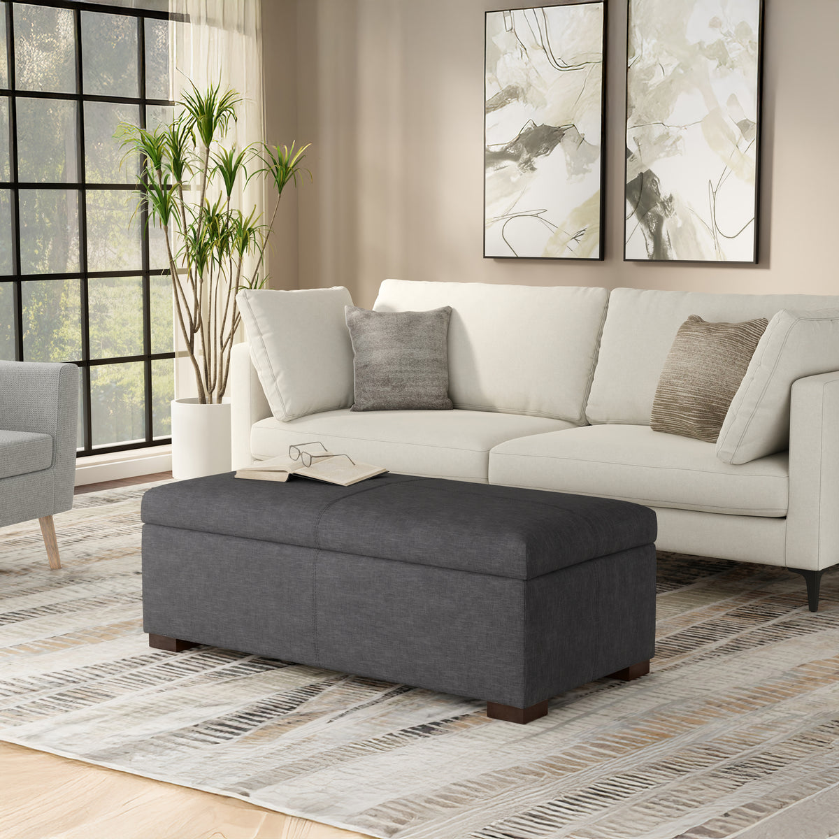 Slate Grey Linen Style Fabric | Gabbie Rectangular Storage Ottoman in Linen