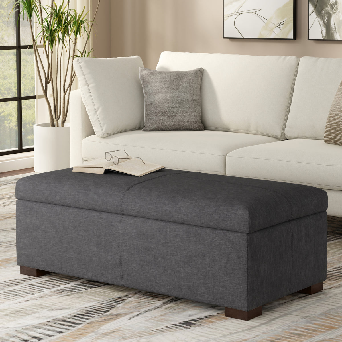 Slate Grey Linen Style Fabric | Gabbie Rectangular Storage Ottoman in Linen