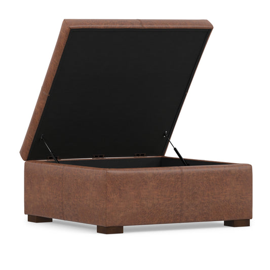 Distressed Saddle Brown Distressed Vegan Leather | Gabbie Square Coffee Table Storage Ottoman