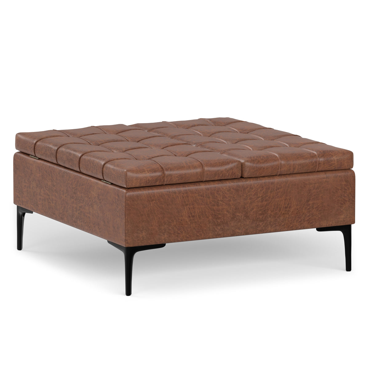 Distressed Saddle Brown Vegan Leather | Laura Lift Top Storage Ottoman in Vegan Leather