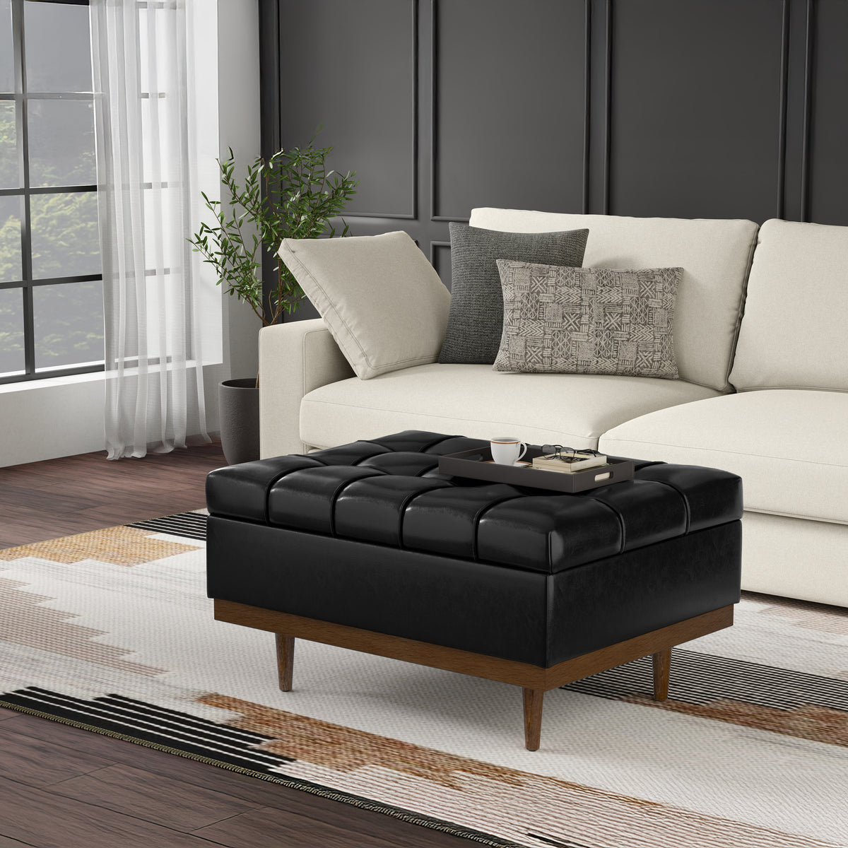Midnight Black Distressed Vegan Leather | Mariah Coffee Table Storage Ottoman in Distressed Vegan Leather
