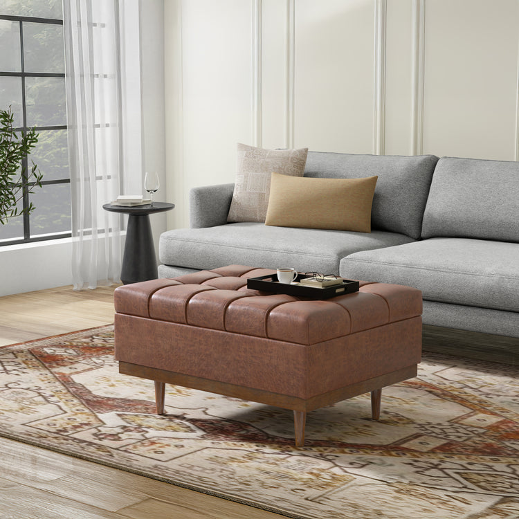 Distressed Saddle Brown Distressed Vegan Leather | Mariah Coffee Table Storage Ottoman in Distressed Vegan Leather