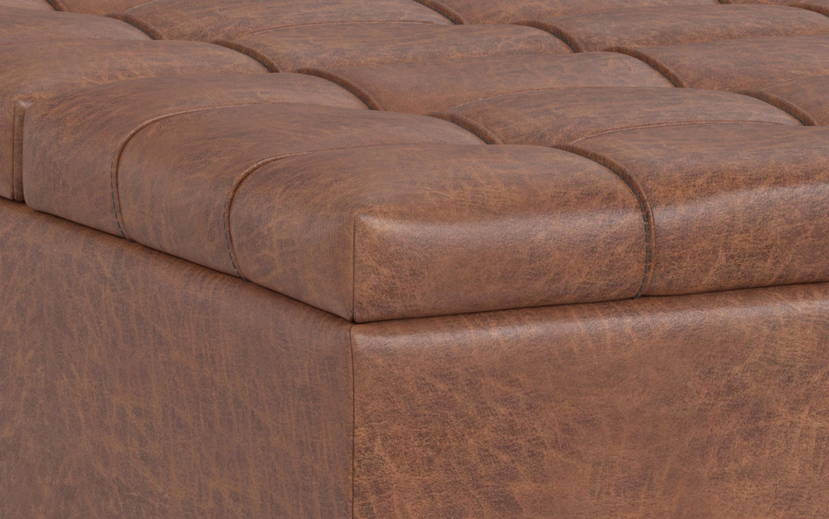 Distressed Saddle Brown Distressed Vegan Leather | Mariah Lift Top Table Storage Ottoman