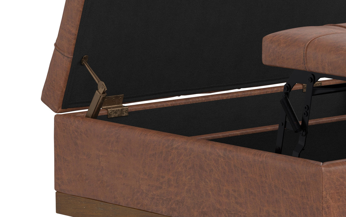 Distressed Saddle Brown Distressed Vegan Leather | Mariah Lift Top Table Storage Ottoman