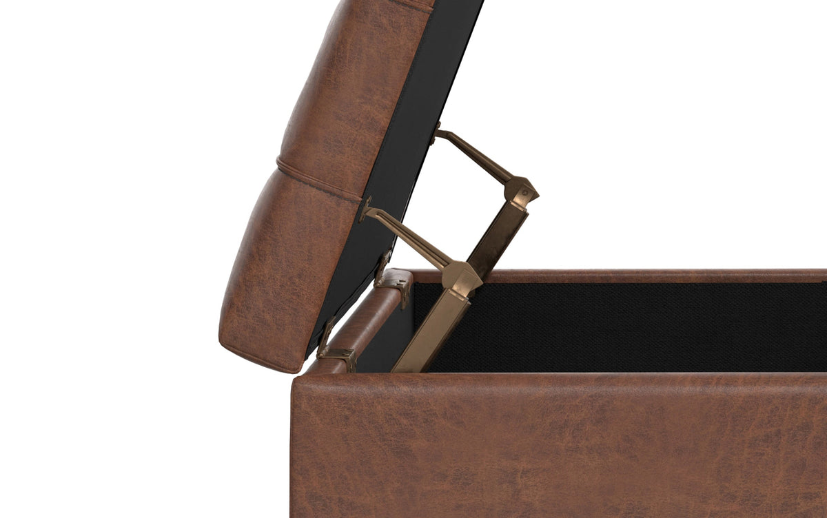 Distressed Saddle Brown Distressed Vegan Leather | Mariah Lift Top Table Storage Ottoman