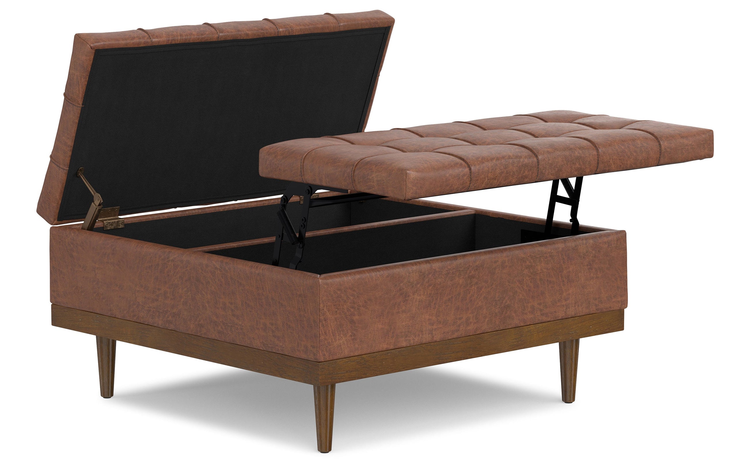 Distressed Saddle Brown Distressed Vegan Leather | Mariah Lift Top Table Storage Ottoman