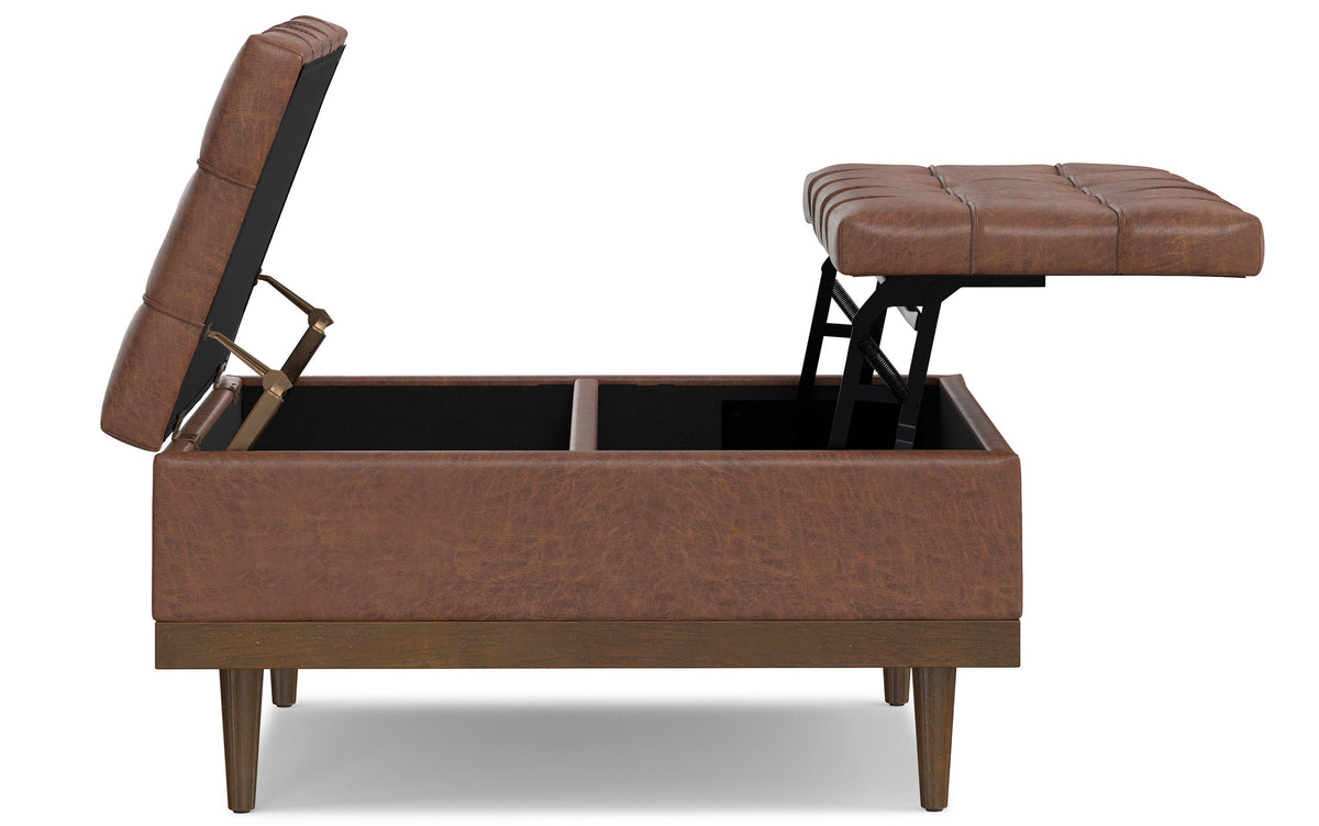 Distressed Saddle Brown Distressed Vegan Leather | Mariah Lift Top Table Storage Ottoman