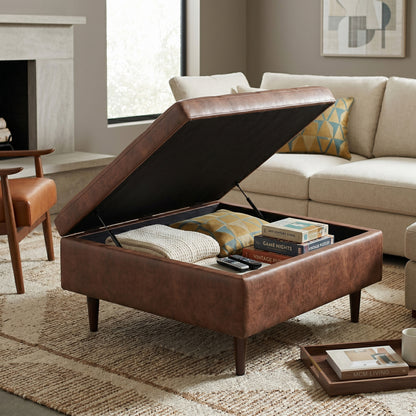 Distressed Saddle Brown Distressed Vegan Leather | Shay Mid Century Small Square Coffee Table Storage Ottoman
