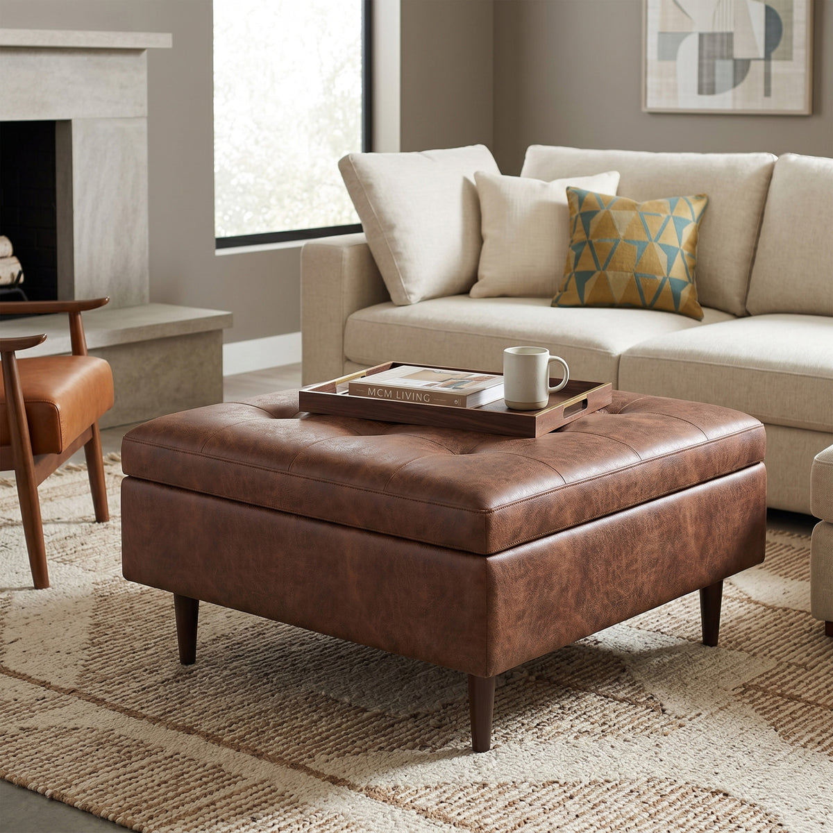 Distressed Saddle Brown Distressed Vegan Leather | Shay Mid Century Small Square Coffee Table Storage Ottoman