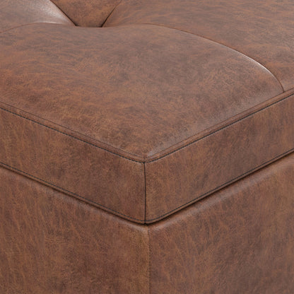 Distressed Saddle Brown Distressed Vegan Leather | Shay Mid Century Small Square Coffee Table Storage Ottoman