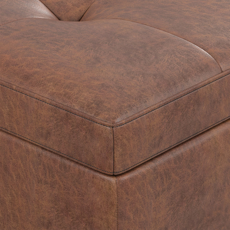 Distressed Saddle Brown Distressed Vegan Leather | Shay Mid Century Small Square Coffee Table Storage Ottoman