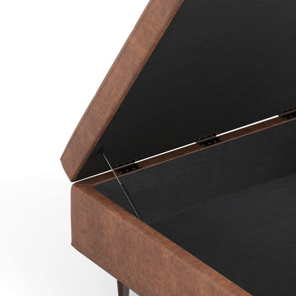 Distressed Saddle Brown Distressed Vegan Leather | Shay Mid Century Small Square Coffee Table Storage Ottoman