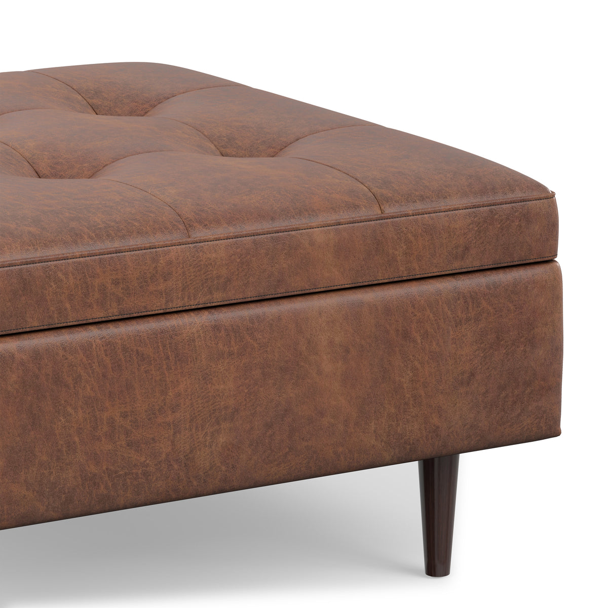 Distressed Saddle Brown Distressed Vegan Leather | Shay Mid Century Small Square Coffee Table Storage Ottoman