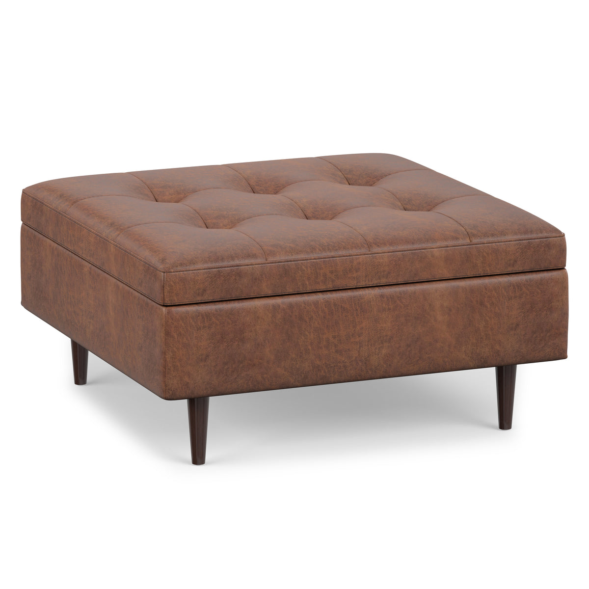 Distressed Saddle Brown Distressed Vegan Leather | Shay Mid Century Small Square Coffee Table Storage Ottoman