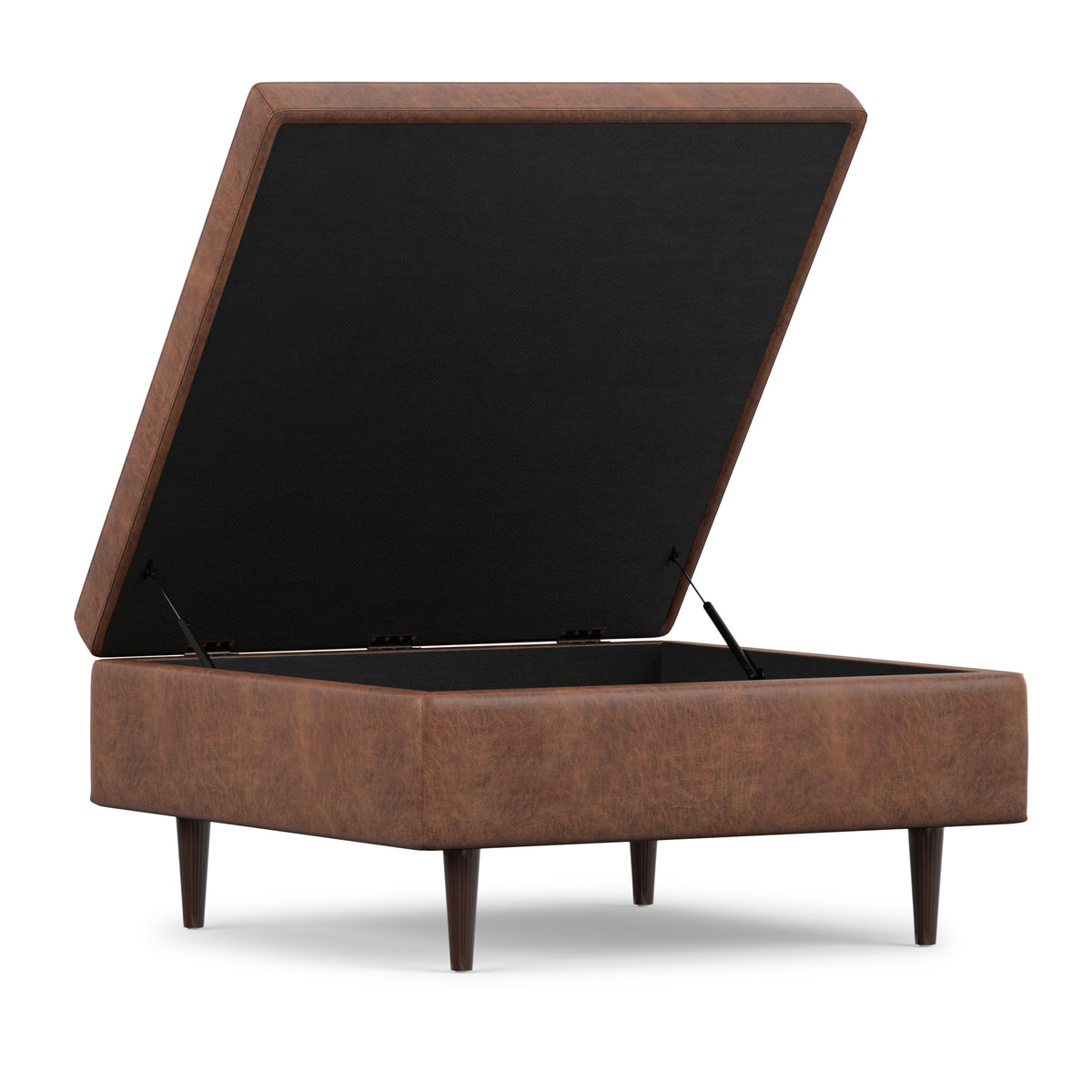Distressed Saddle Brown Distressed Vegan Leather | Shay Mid Century Small Square Coffee Table Storage Ottoman