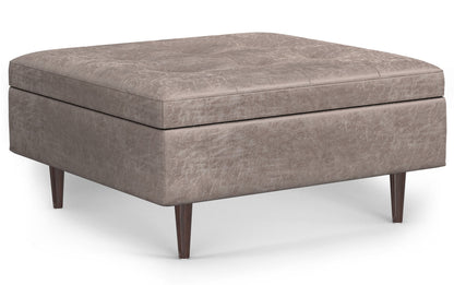 Distressed Grey Taupe Distressed Vegan Leather | Shay Mid Century Large Square Coffee Table Storage Ottoman