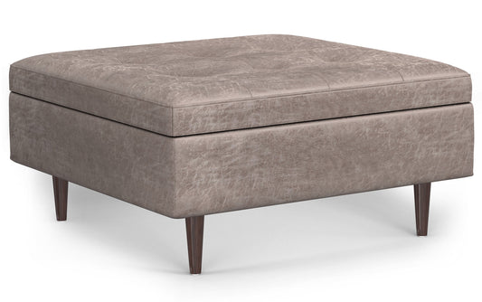 Distressed Grey Taupe Distressed Vegan Leather | Shay Mid Century Large Square Coffee Table Storage Ottoman