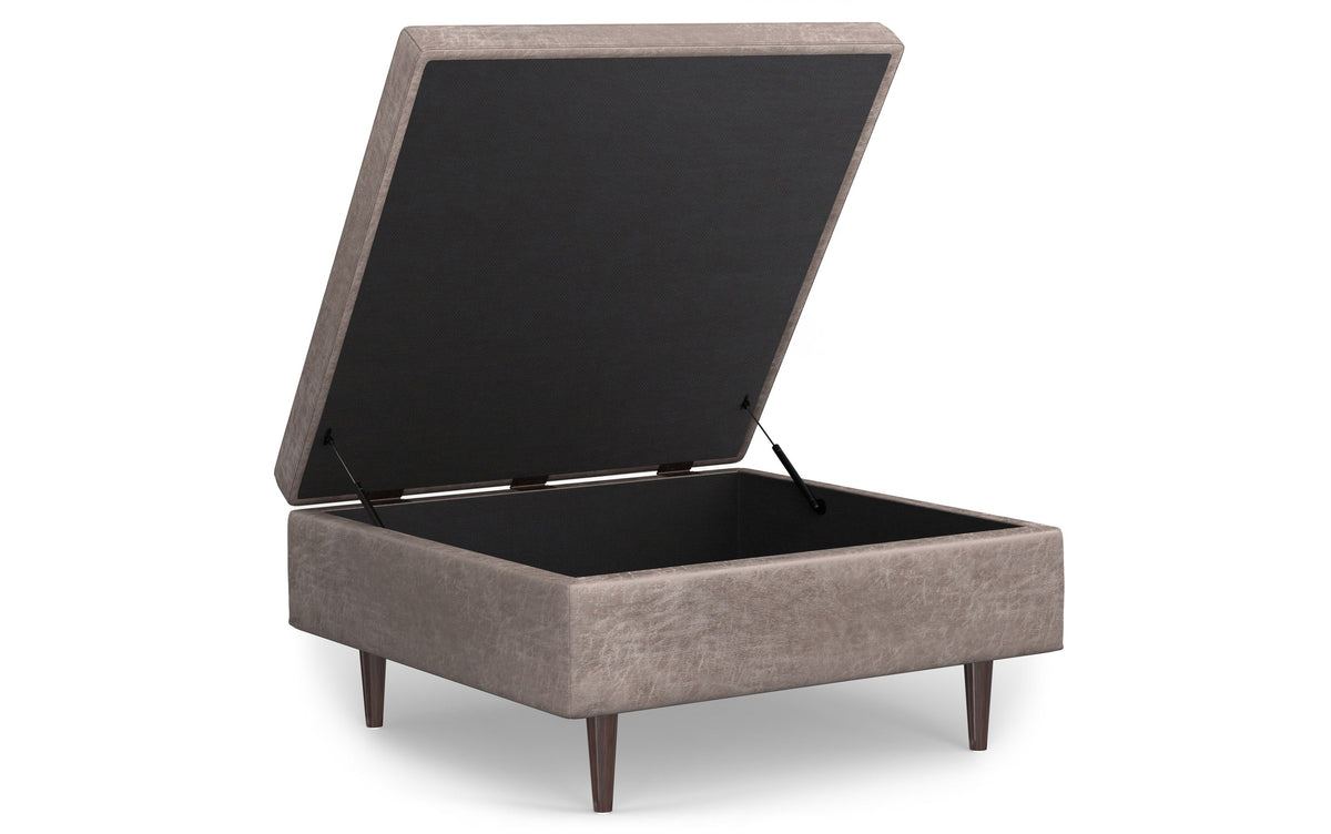 Distressed Grey Taupe Distressed Vegan Leather | Shay Mid Century Large Square Coffee Table Storage Ottoman