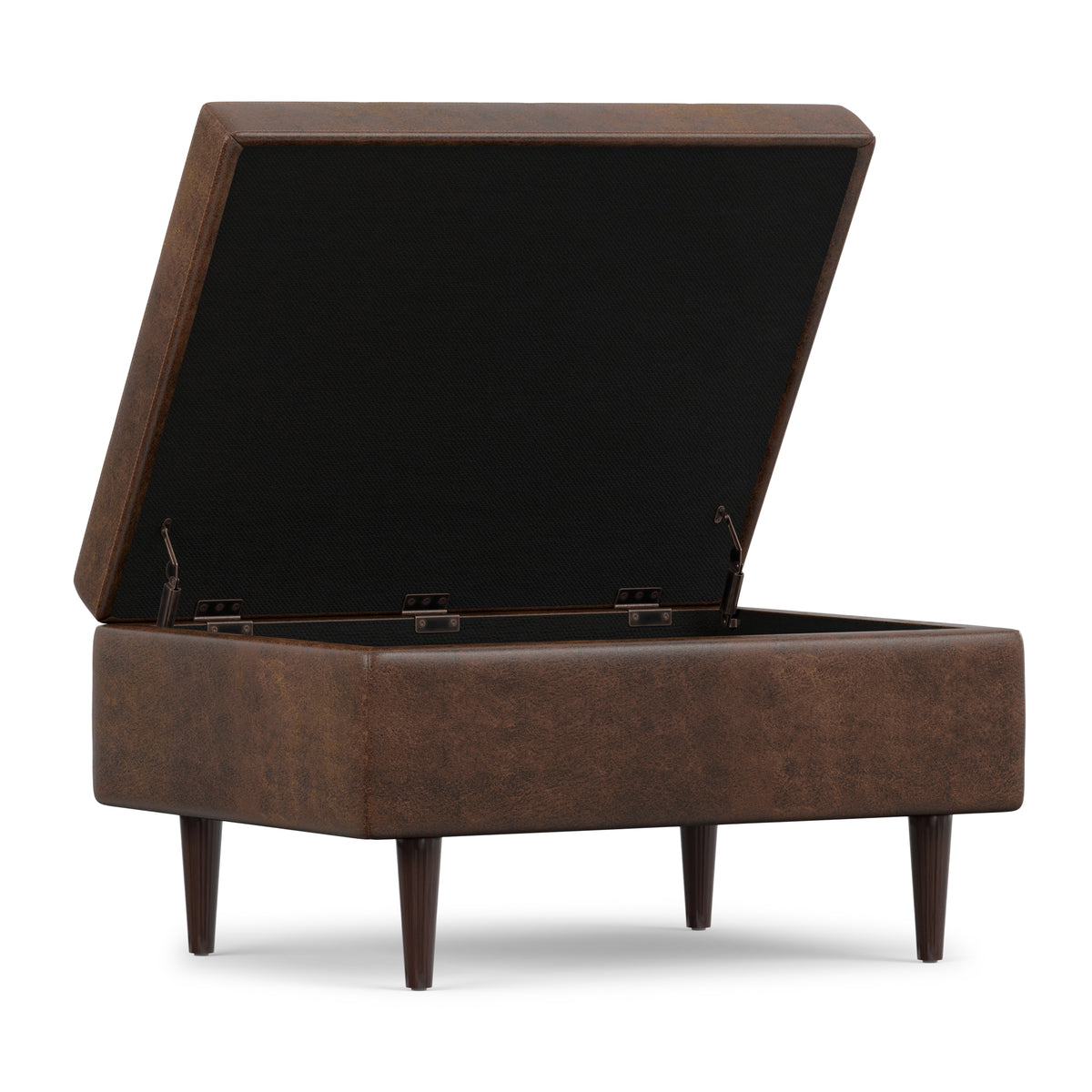 Distressed Chestnut Brown Distressed Vegan Leather | Shay Mid Century Small Square Coffee Table Storage Ottoman