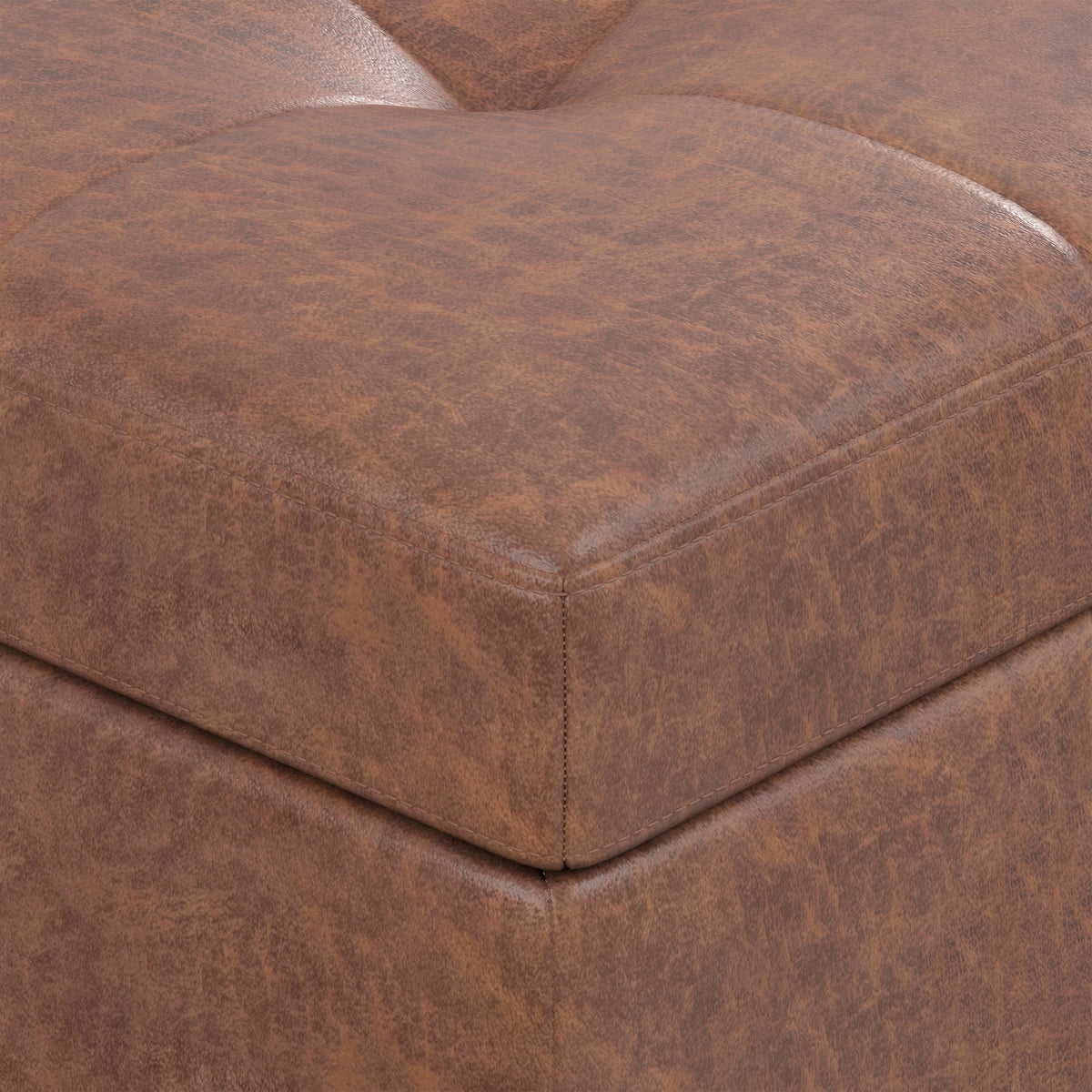 Distressed Saddle Brown Distressed Vegan Leather | Shay Mid Century Small Square Coffee Table Storage Ottoman