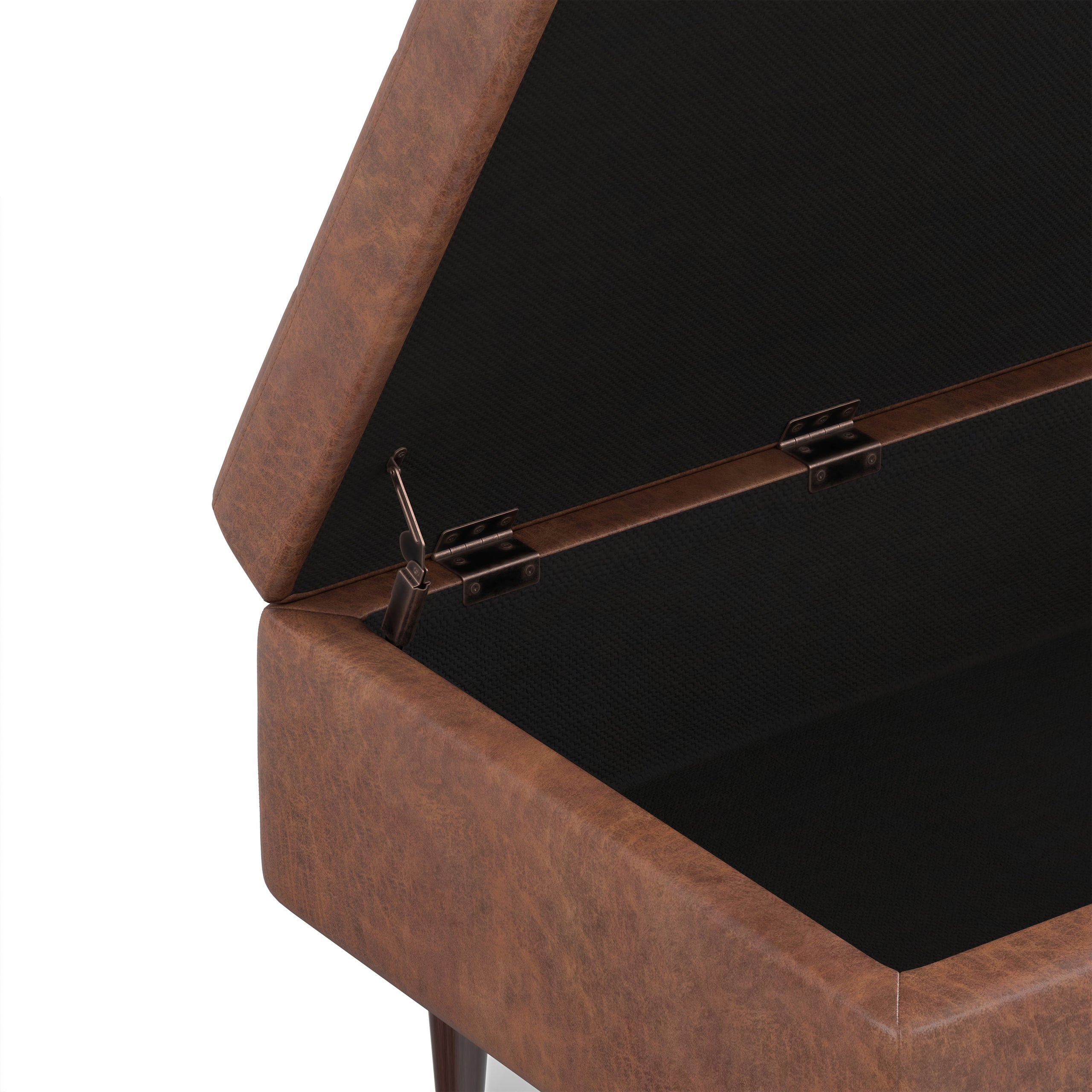 Distressed Saddle Brown Distressed Vegan Leather | Shay Mid Century Small Square Coffee Table Storage Ottoman