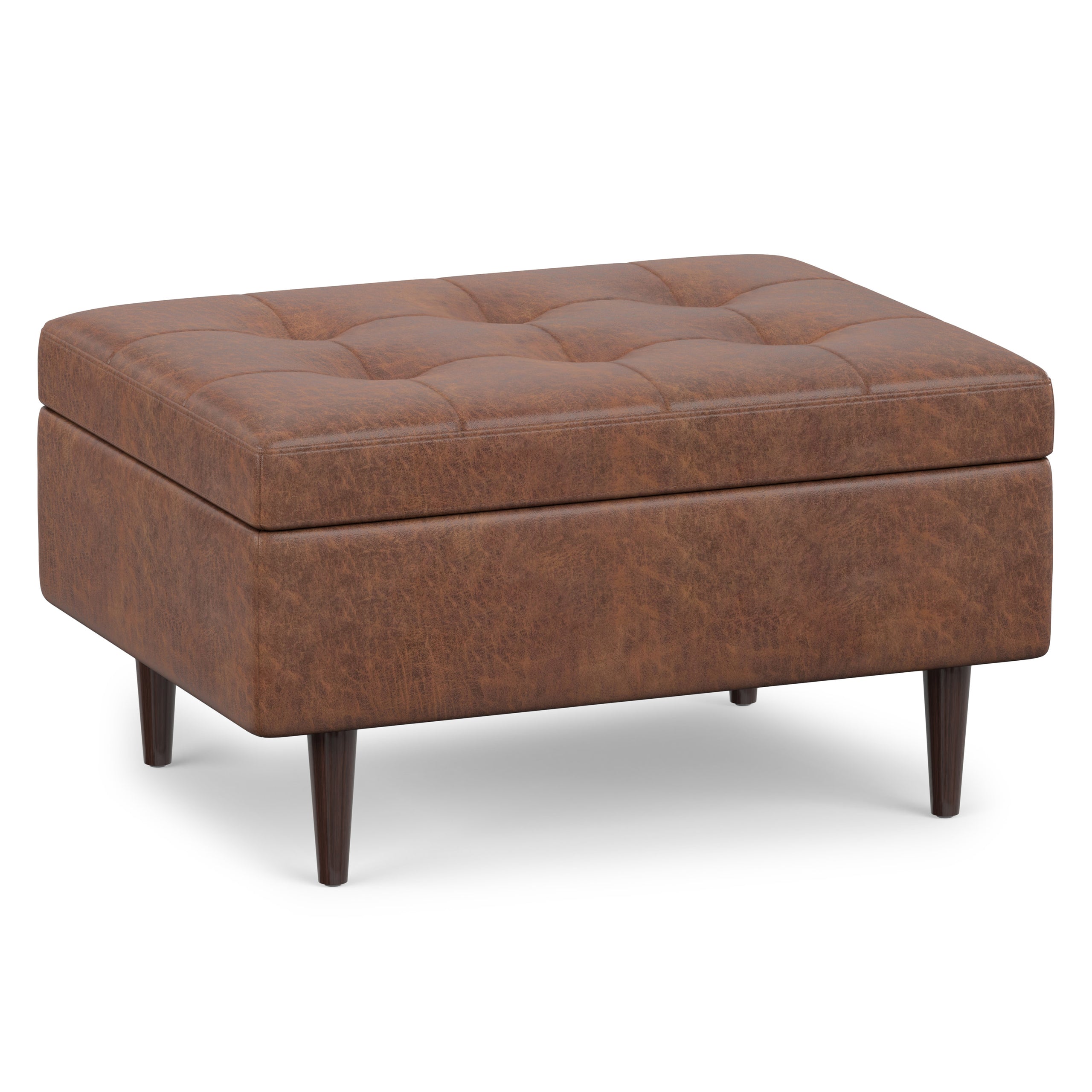 Distressed Saddle Brown Distressed Vegan Leather | Shay Mid Century Small Square Coffee Table Storage Ottoman