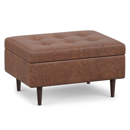 Distressed Saddle Brown Distressed Vegan Leather | Shay Mid Century Small Square Coffee Table Storage Ottoman