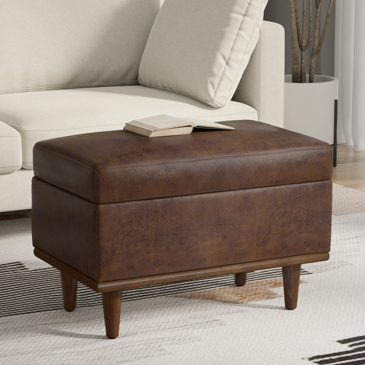 Distressed Chestnut Brown Distressed Vegan Leather | Shiloh Small Storage Ottoman in Distressed Vegan Leather