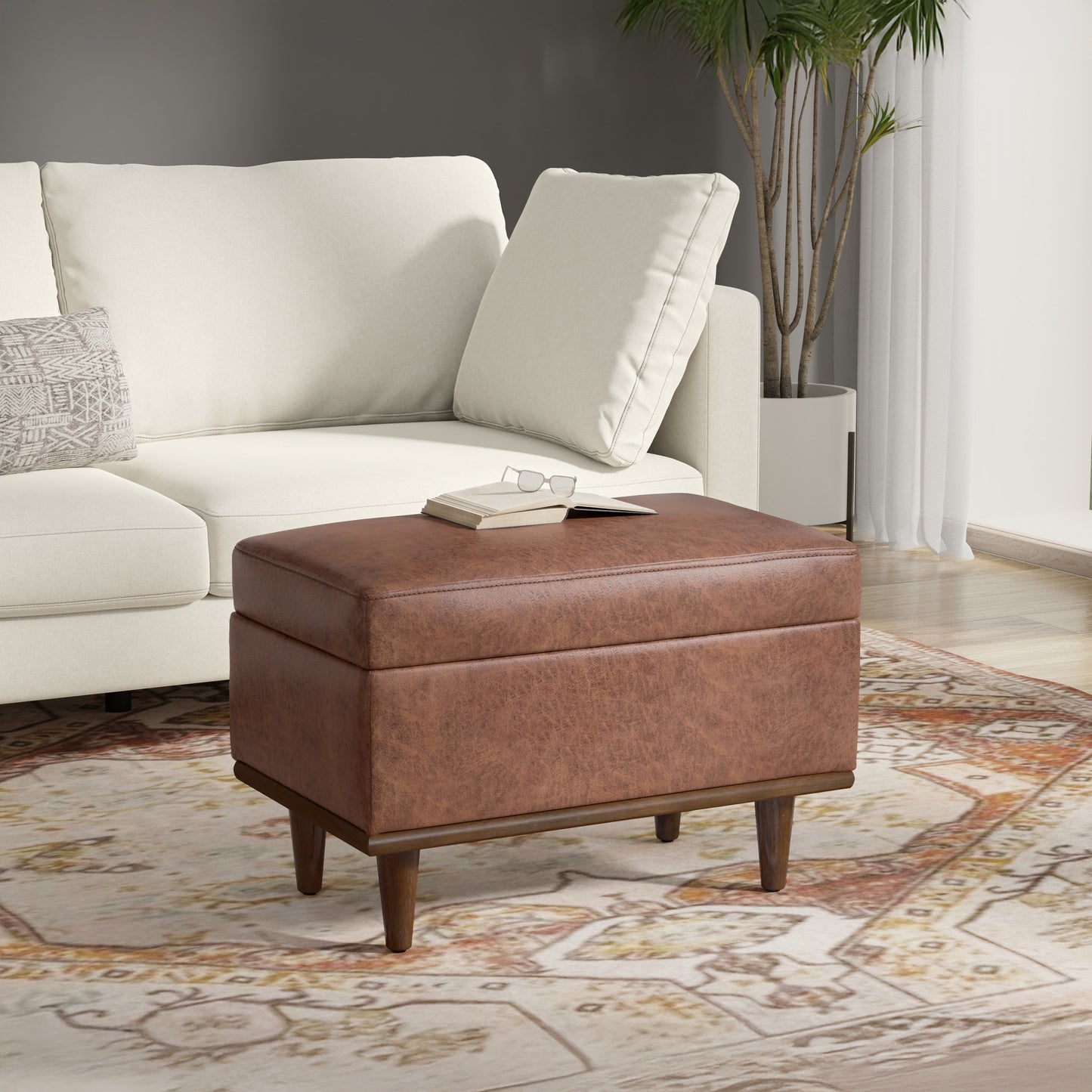 Distressed Saddle Brown Distressed Vegan Leather | Shiloh Small Storage Ottoman in Distressed Vegan Leather