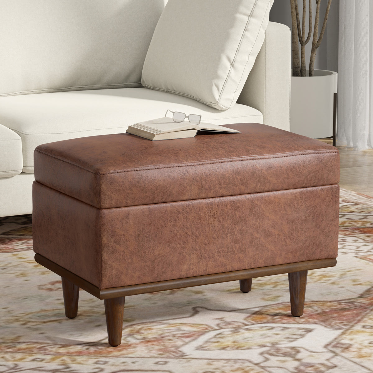 Distressed Saddle Brown Distressed Vegan Leather | Shiloh Small Storage Ottoman in Distressed Vegan Leather