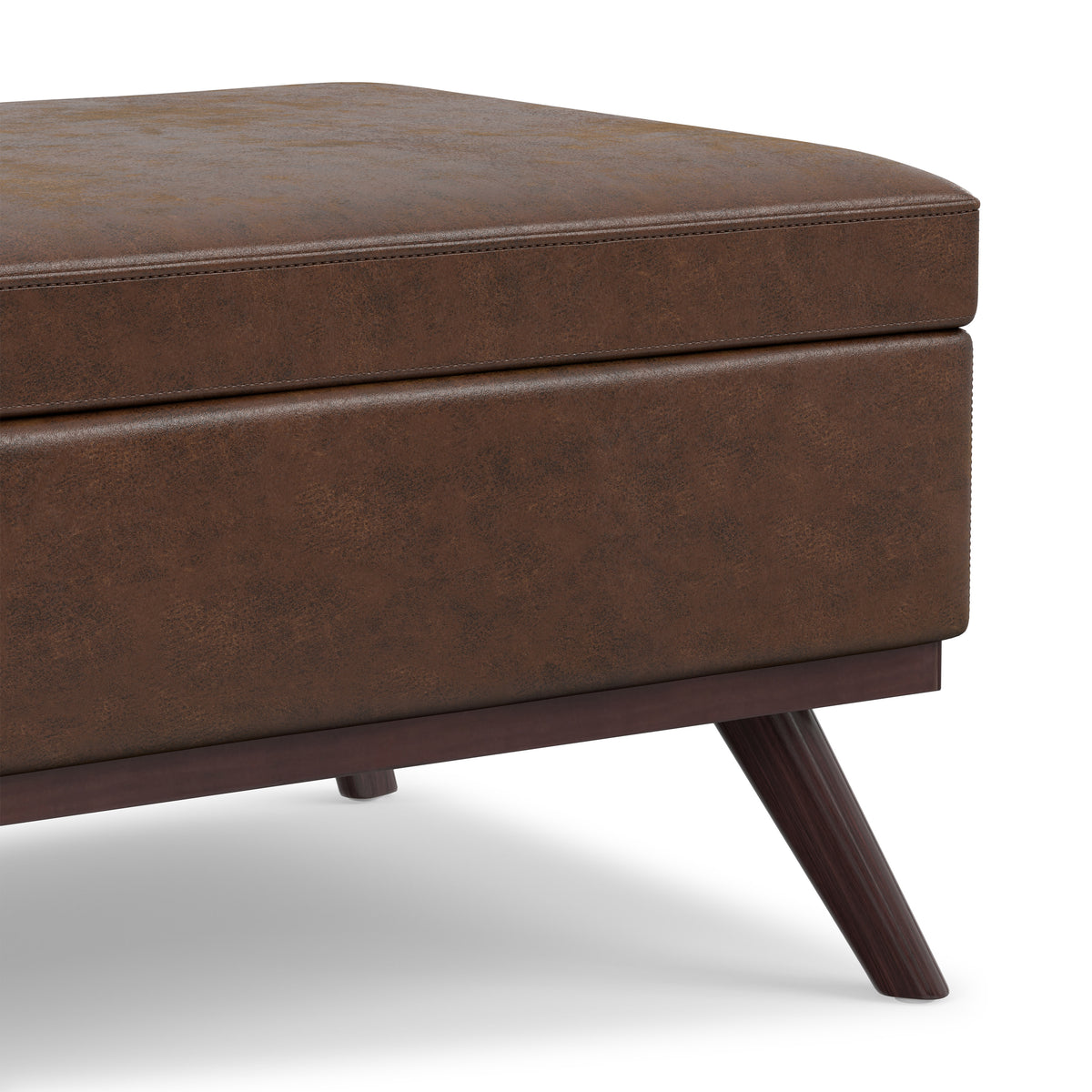 Distressed Chestnut Brown Distressed Vegan Leather | Owen Lift Top Large Coffee Table Storage Ottoman