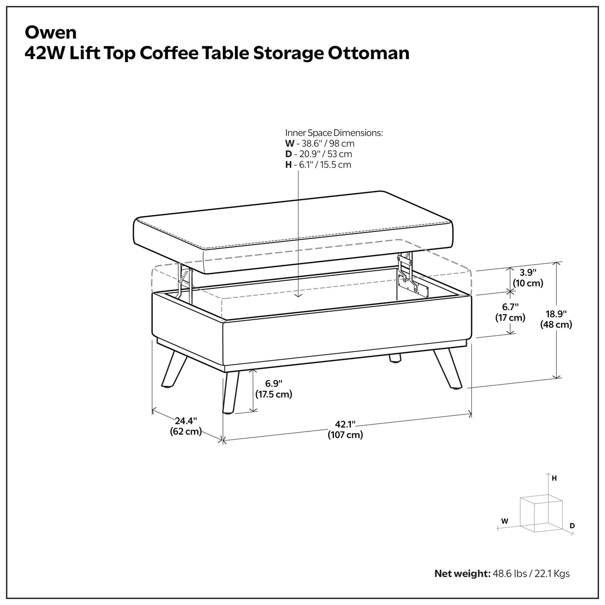 Distressed Saddle Brown Distressed Vegan Leather | Owen Lift Top Large Coffee Table Storage Ottoman