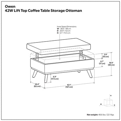 Distressed Saddle Brown Distressed Vegan Leather | Owen Lift Top Large Coffee Table Storage Ottoman