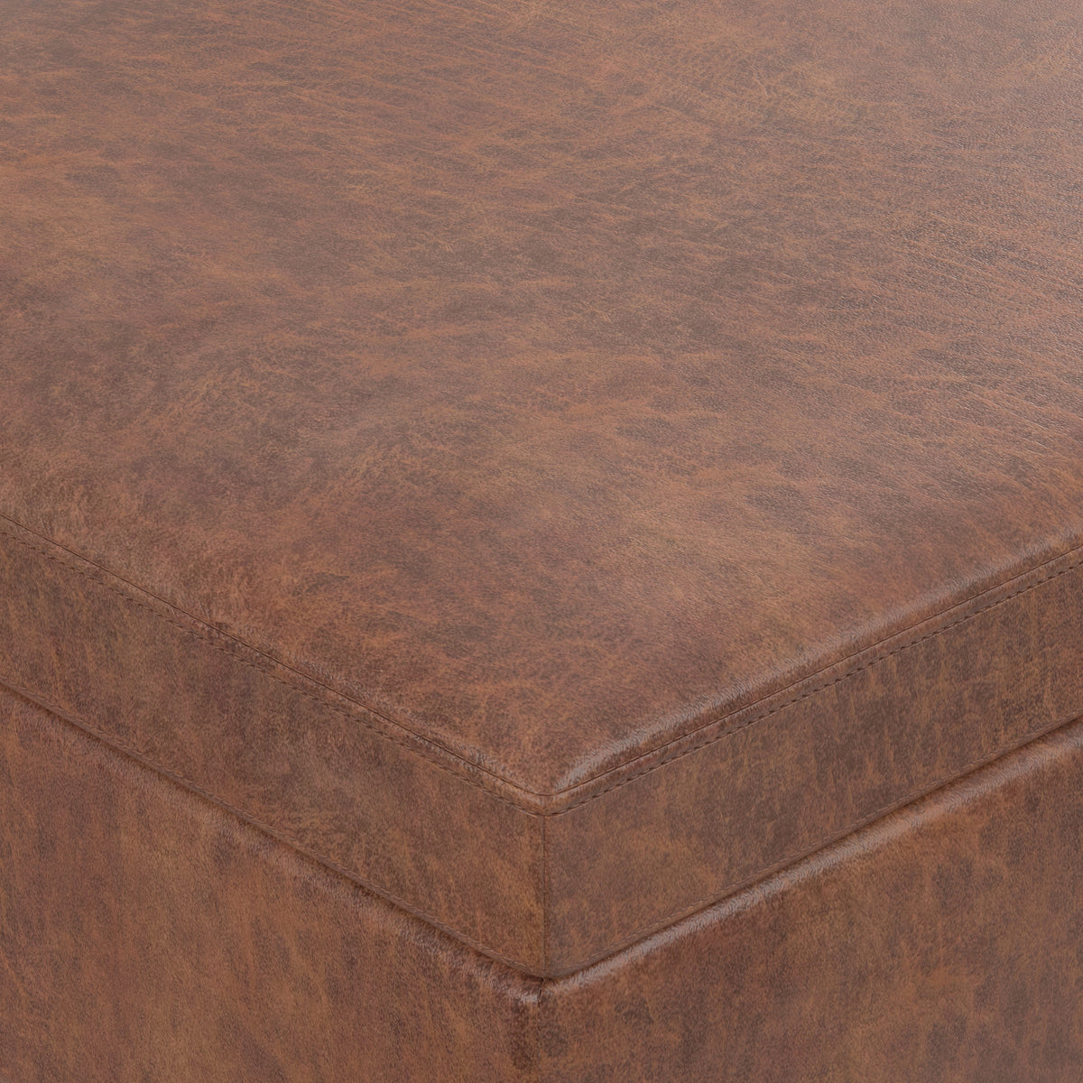 Distressed Saddle Brown Distressed Vegan Leather | Owen Lift Top Large Coffee Table Storage Ottoman