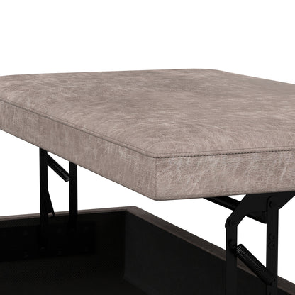 Distressed Grey Taupe Distressed Vegan Leather | Owen Lift Top Large Coffee Table Storage Ottoman