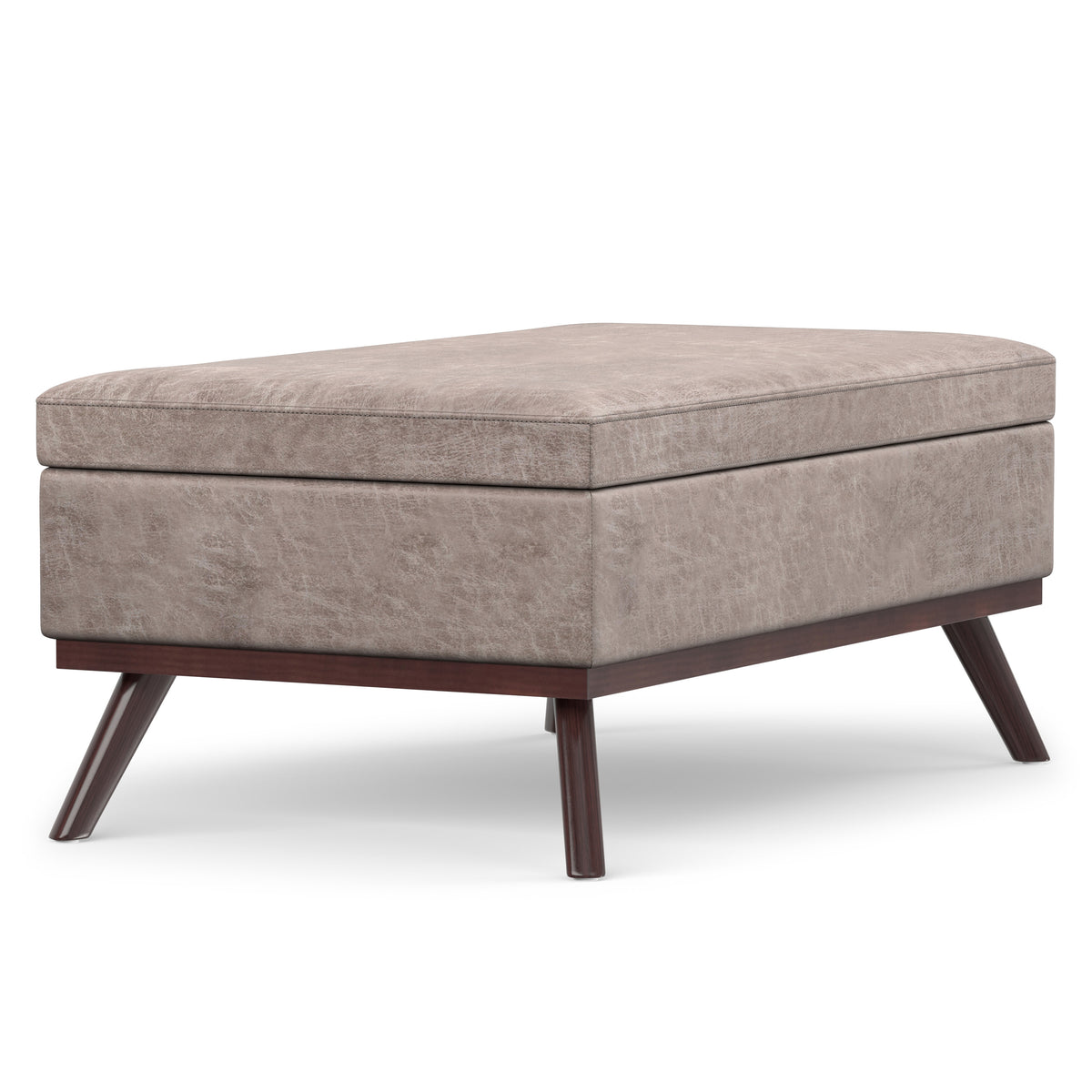 Distressed Grey Taupe Distressed Vegan Leather | Owen Lift Top Large Coffee Table Storage Ottoman