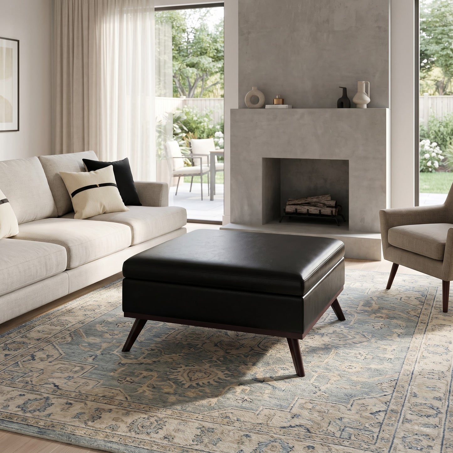 Midnight Black Vegan Leather | Owen Medium Square Table Ottoman in Vegan Leather
