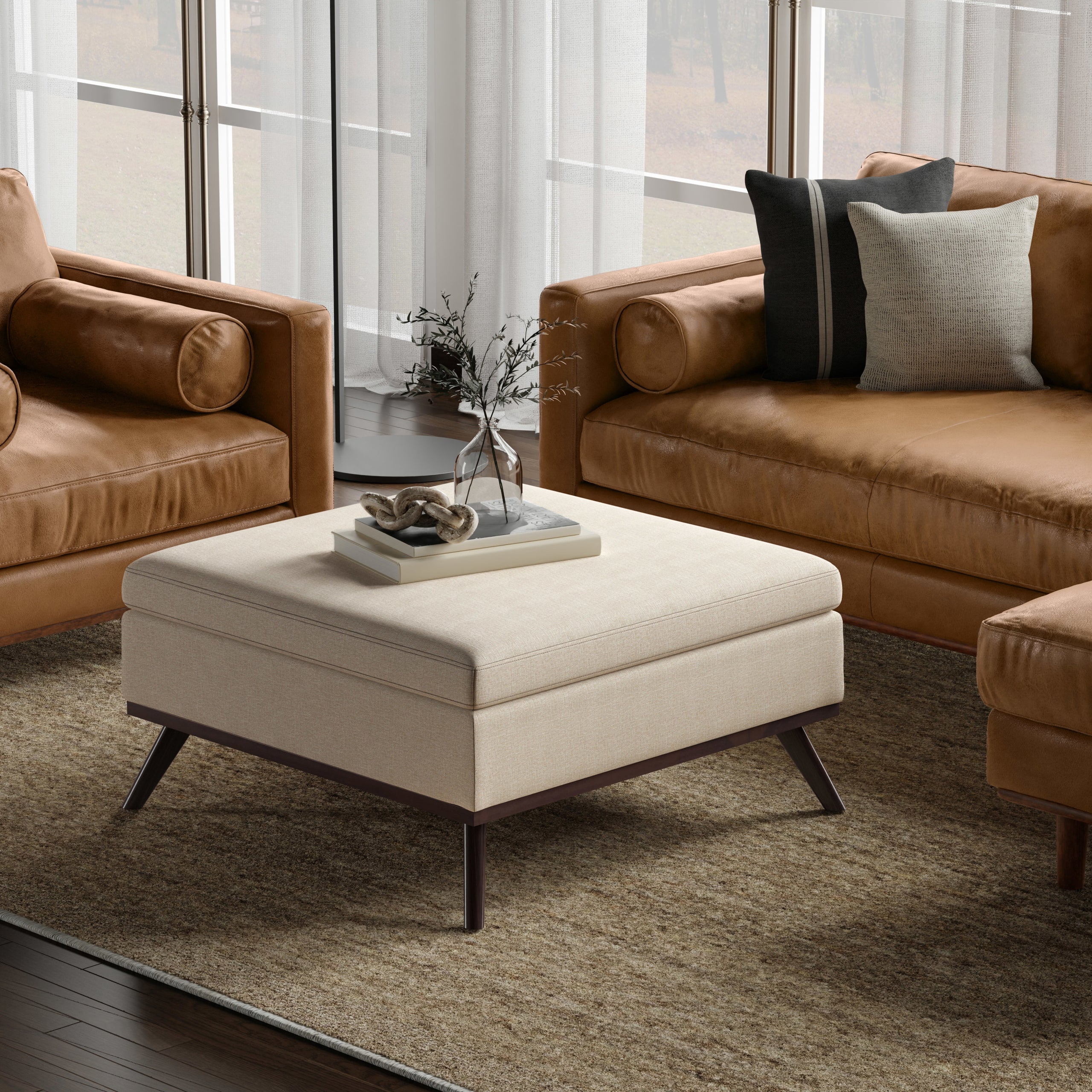Natural Linen Style Fabric | Owen Medium Square Table Ottoman in Natural