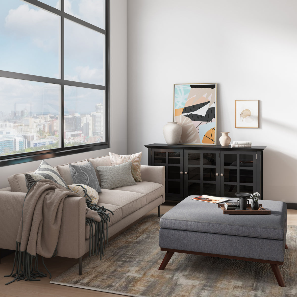 Slate Grey Linen Style Fabric | Owen Medium Square Table Ottoman in Linen