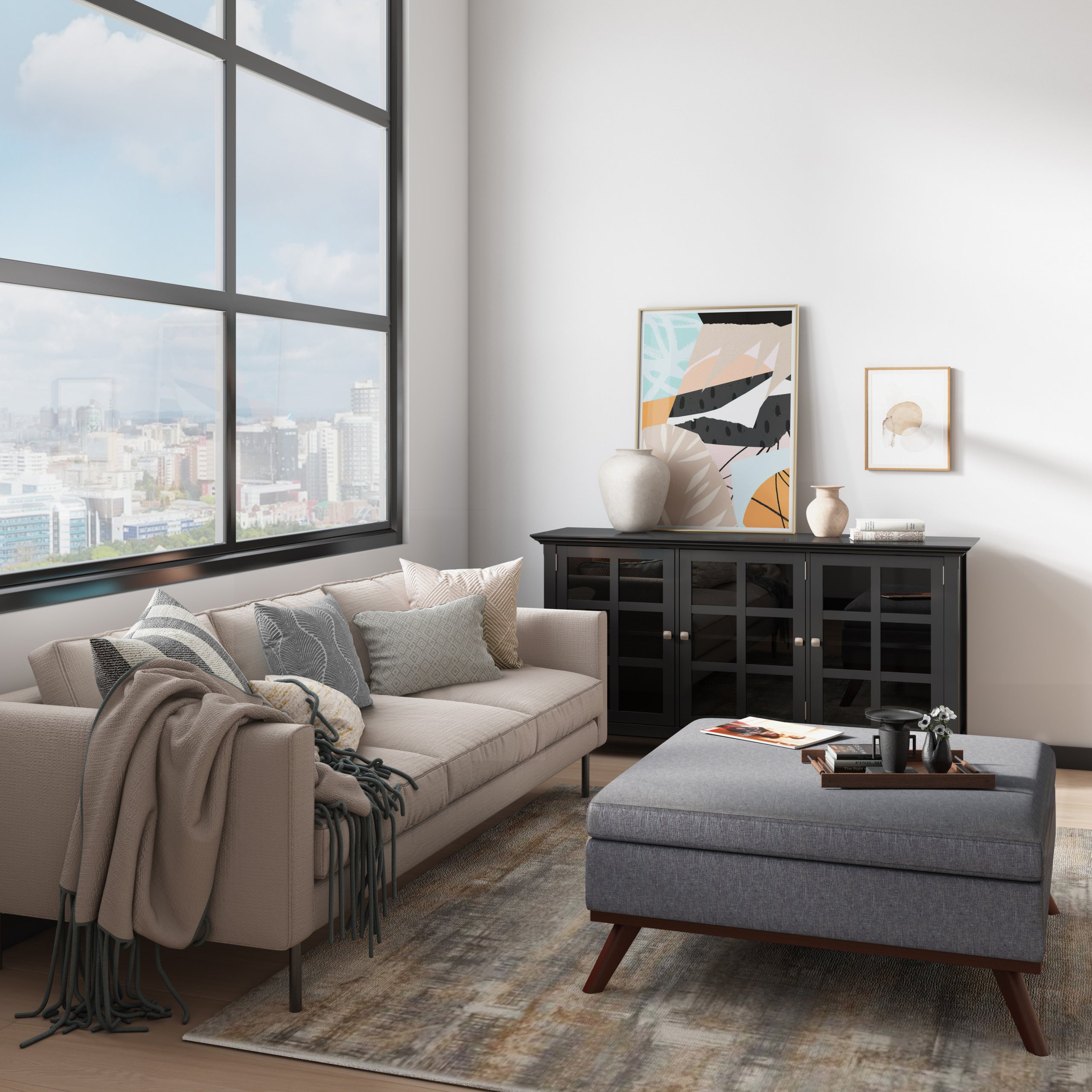 Slate Grey Linen Style Fabric | Owen Medium Square Table Ottoman in Linen