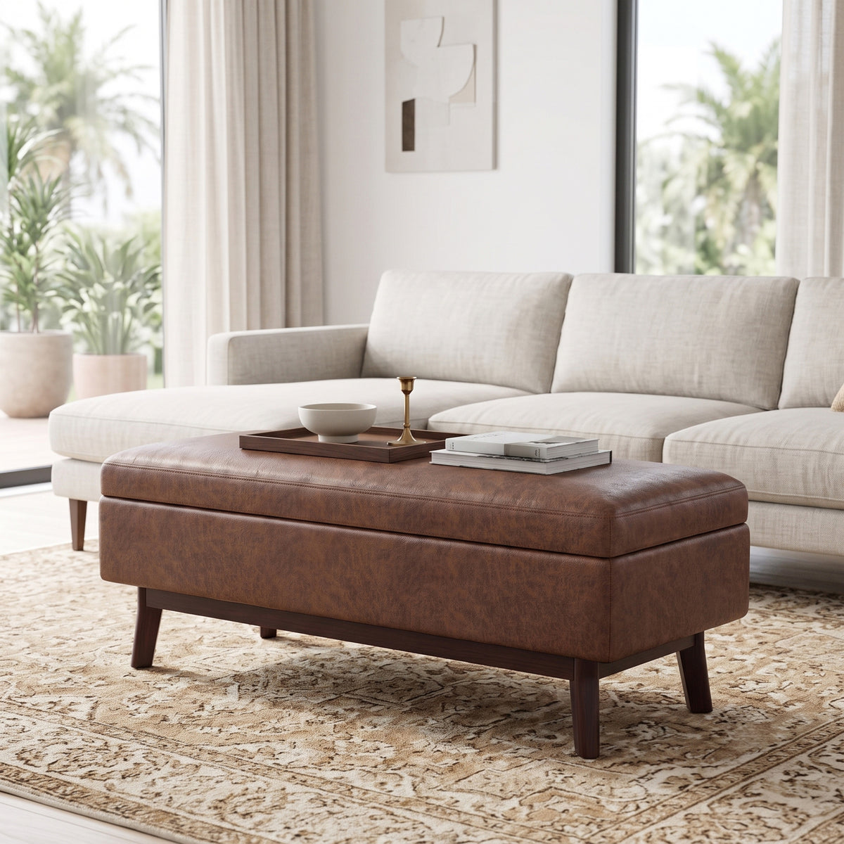 Distressed Saddle Brown Distressed Vegan Leather | Owen Rectangular Table Ottoman in Distressed Vegan Leather