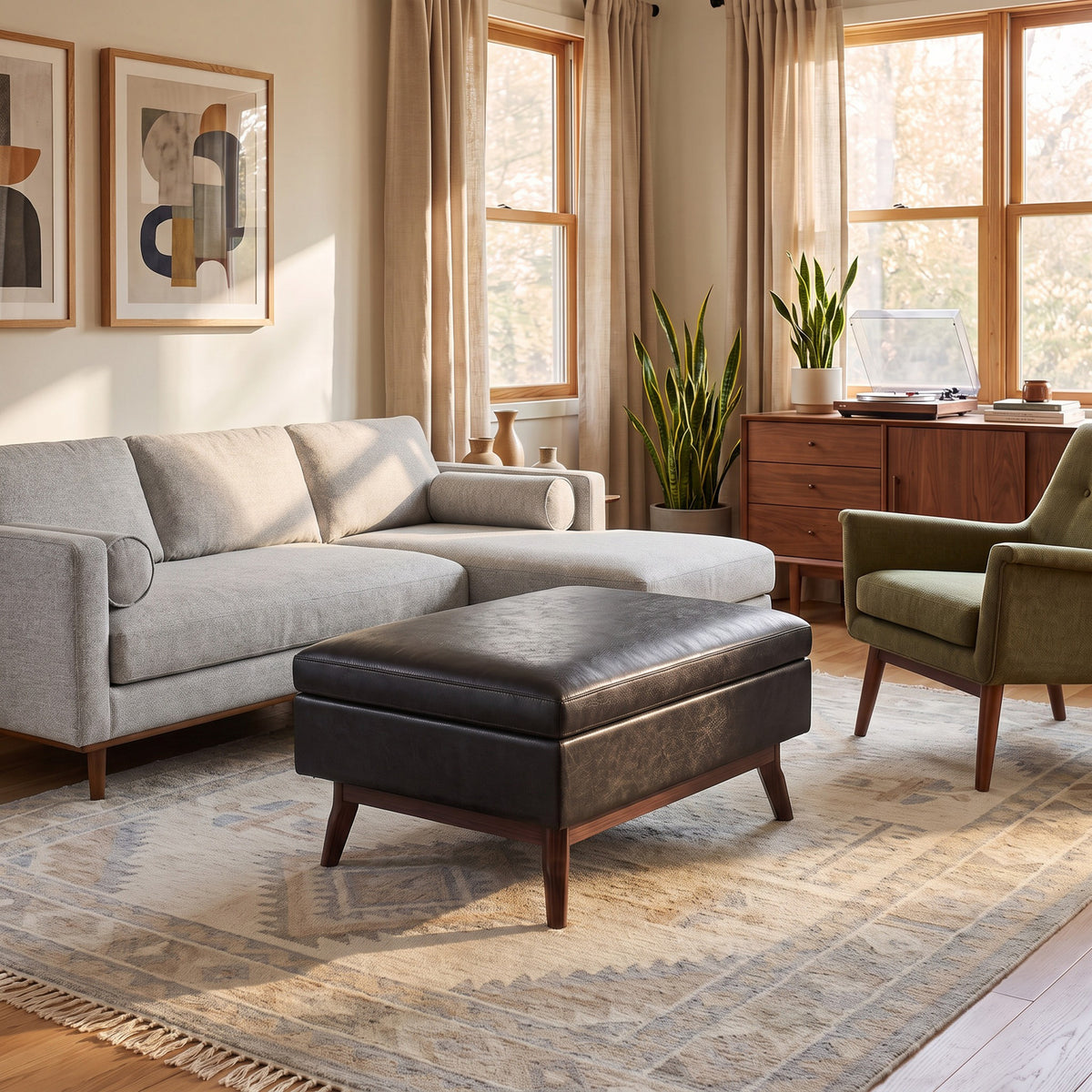 Distressed Black Distressed Vegan Leather | Owen Small Coffee Table Ottoman in Distressed Vegan Leather
