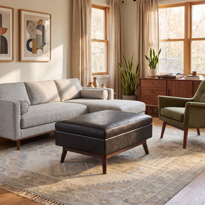 Distressed Black Distressed Vegan Leather | Owen Small Coffee Table Ottoman in Distressed Vegan Leather