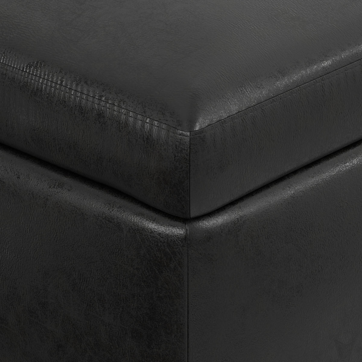 Distressed Black Distressed Vegan Leather | Owen Small Rectangular Storage Ottoman in Distressed Vegan Leather
